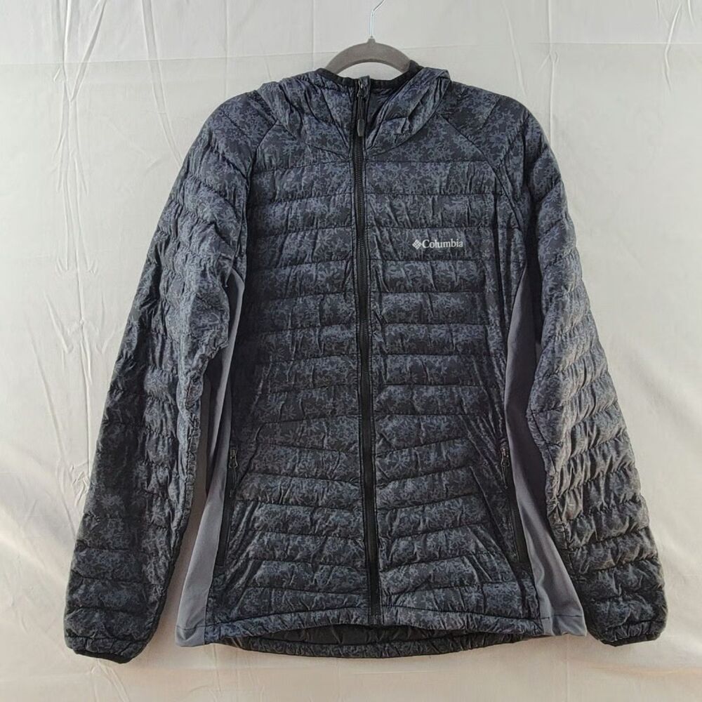 Columbia Gray Floral Print Puffer Hooded Jacket Front Zip Pockets Long Sleeves L